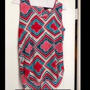 Red blue pink print tank with button down back